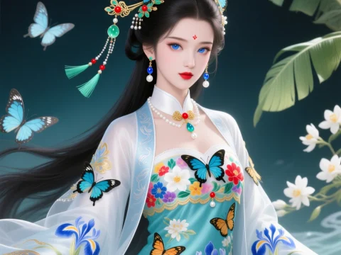 Elegant Woman in Traditional Attire with Butterflies