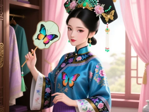Elegant Woman in Traditional Chinese Attire with Butterfly Fan