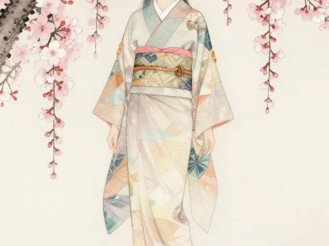 Elegant Woman in Traditional Kimono Under Cherry Blossoms