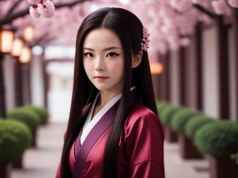 Elegant Woman in Traditional Kimono Under Cherry Blossoms