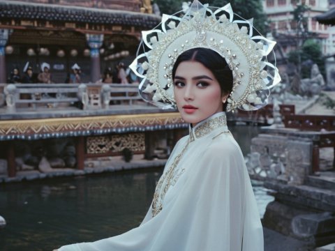 Elegant Woman in Traditional Ornate Costume by Historic Architecture