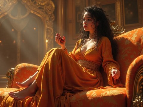 Elegant Woman in Vintage Orange Dress on Ornate Sofa