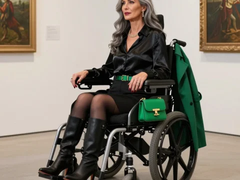 Elegant Woman in Wheelchair Visiting Art Museum