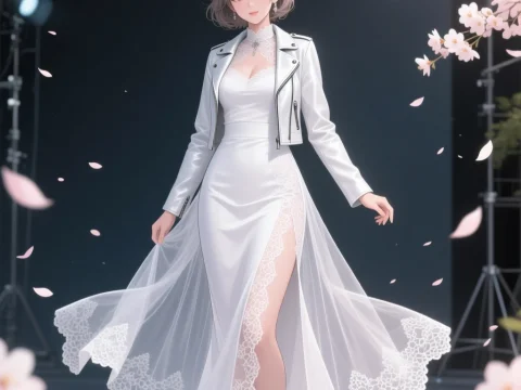 Elegant Woman in White Dress and Jacket with Cherry Blossoms