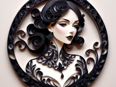 Elegant Woman Portrait in Black Paper Quilling Art