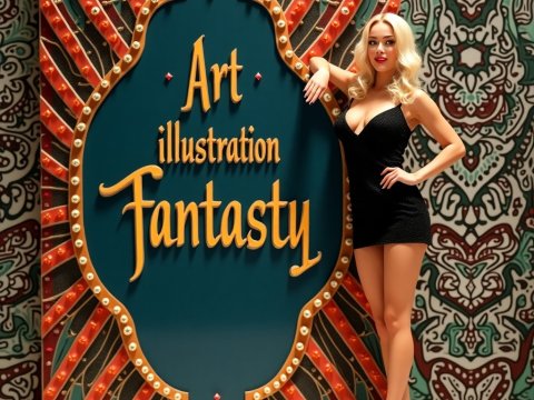 Elegant Woman Posing by Fantasy Art Illustration Sign