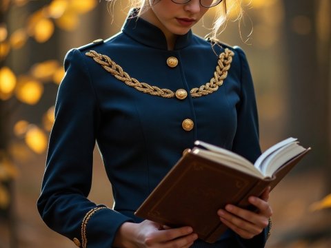 Elegant Woman Reading a Book in Autumn Forest