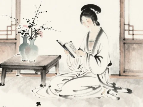 Elegant Woman Reading in Traditional Asian Ink Style