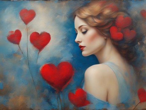 Elegant Woman Surrounded by Red Heart Balloons