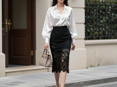 Elegant Woman Walking in Chic Office Attire