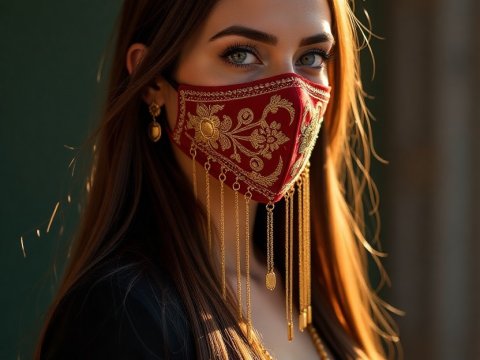 Elegant Woman Wearing Ornate Red and Gold Face Mask