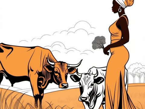 Elegant Woman with Cows in Pastoral Landscape