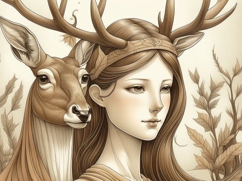 Elegant Woman with Deer Antlers in Sepia Tones
