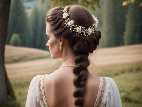 Elegant Woman with Floral Braided Hair in Countryside