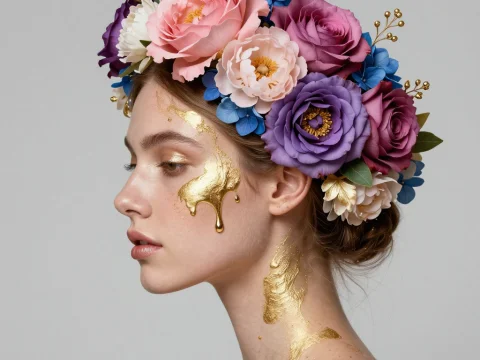Elegant Woman with Floral Crown and Gold Face Paint