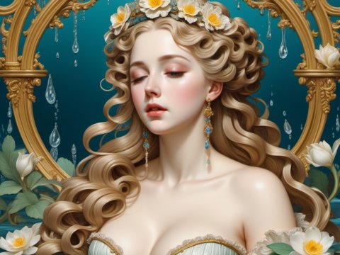 Elegant Woman with Floral Crown in Ornate Golden Frame