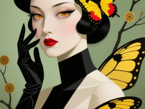 Elegant Woman with Mystical Yellow Butterflies