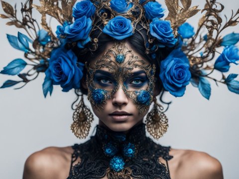 Elegant Woman with Ornate Blue Rose Headpiece and Mask
