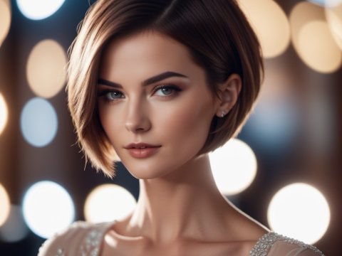 Elegant Woman with Short Hair and Soft Bokeh Lights