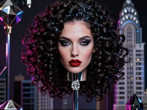 Elegant Woman's Head on a Diamond Stand with Cityscape Background