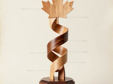 Elegant Wooden Trophy with Spiral Design and Maple Leaf Top