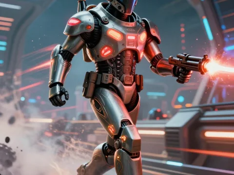 Elite Futuristic Soldier in High-Tech Armor Firing Weapon