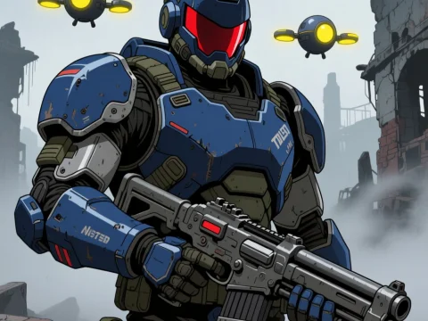 Elite Soldier in Retro-Futuristic Armor with Drones