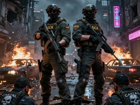 Elite Soldiers Standing in Ruined Urban Battlefield