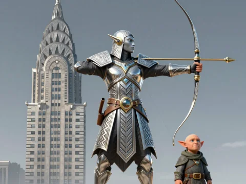 Elven Archer and Halfling Companion in a Modern Cityscape