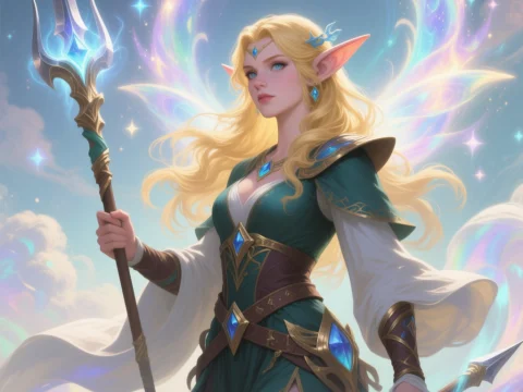 Elven Druid with Magical Spear in Radiant Fantasy Setting
