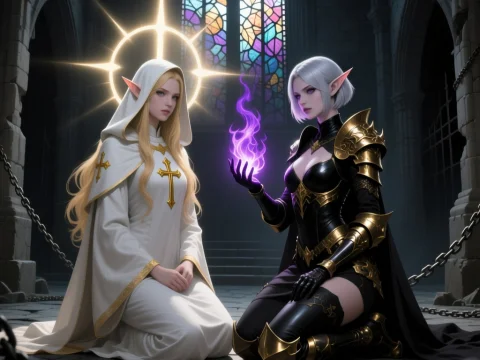 Elven Priestess and Dark Sorceress in Gothic Ruins