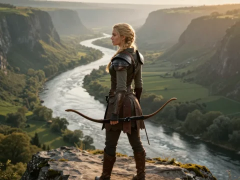 Elven Ranger Overlooking Misty River Valley