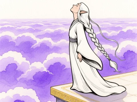 Elven Wizard Gazing Over Purple Clouds