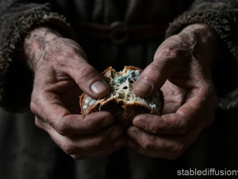 Emaciated Hands Holding Moldy Bread