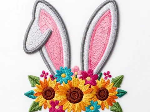 Embroidered Bunny Ears with Colorful Floral Arrangement