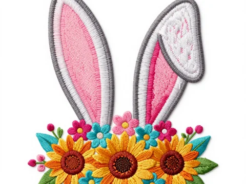 Embroidered Bunny Ears with Colorful Flowers