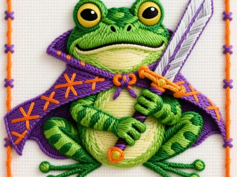 Embroidered Frog Warrior Holding Sword