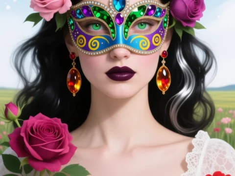Emerald-Eyed Woman with Ornate Carnival Mask and Flowers