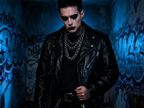 Emo Punk Man in Leather Jacket with Dark Makeup in Graffiti Alley