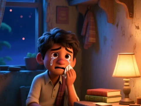 Emotional Boy Crying Alone at Night