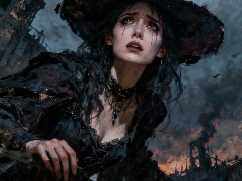 Emotional Witch in a Dark Gothic Landscape