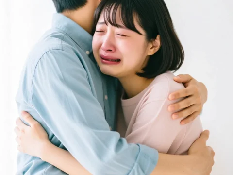 Emotional Woman Crying While Hugging Husband