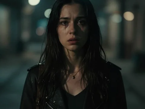 Emotional Woman in Dark Rainy Night