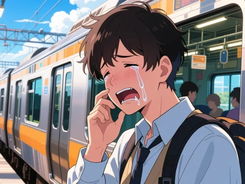 Emotional Young Man Crying at Train Station