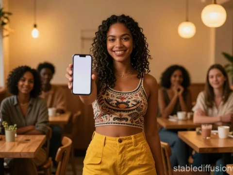 Empowered Woman Showing Smartphone in Cozy Cafe