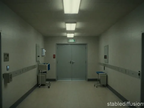 Empty Hospital Corridor with Medical Equipment