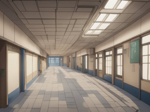 Empty Japanese School Hallway in Anime Style