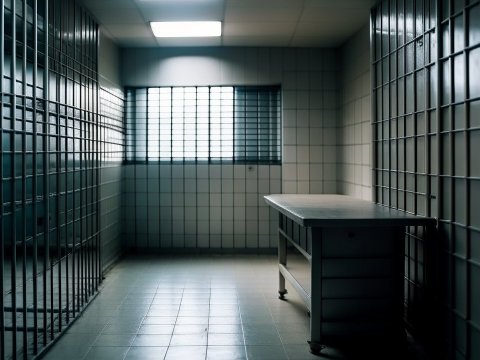 Empty Modern Prison Solitary Cell with Metal Bars