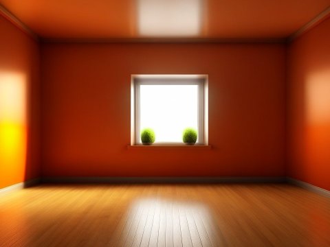 Empty Orange Room with Window and Plants