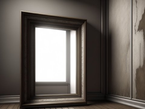 Empty Ornate Frame Reflecting Bright Window in Dim Room
